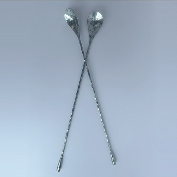 SS cocktail spoon bar spoon with black etched artwork